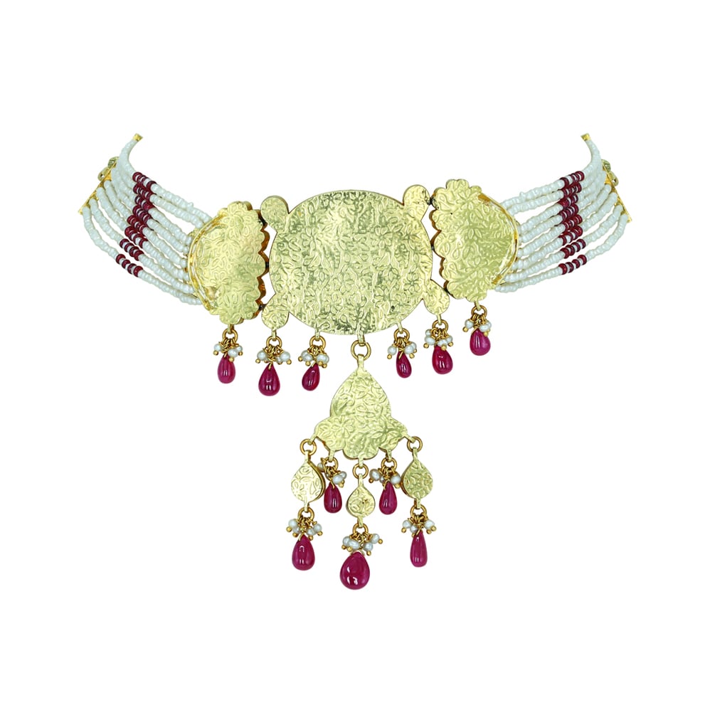 Oval Polki Choker with Floral Motifs, Ruby Drops, and Pearl Accents